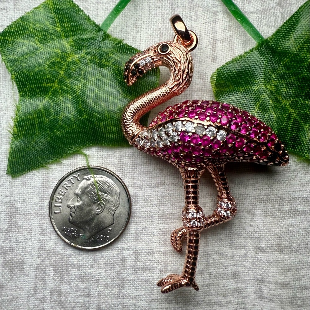 NWT Rose Gold-Plated Sterling Silver Flamingo Pendant w/CZ Accents 🦩